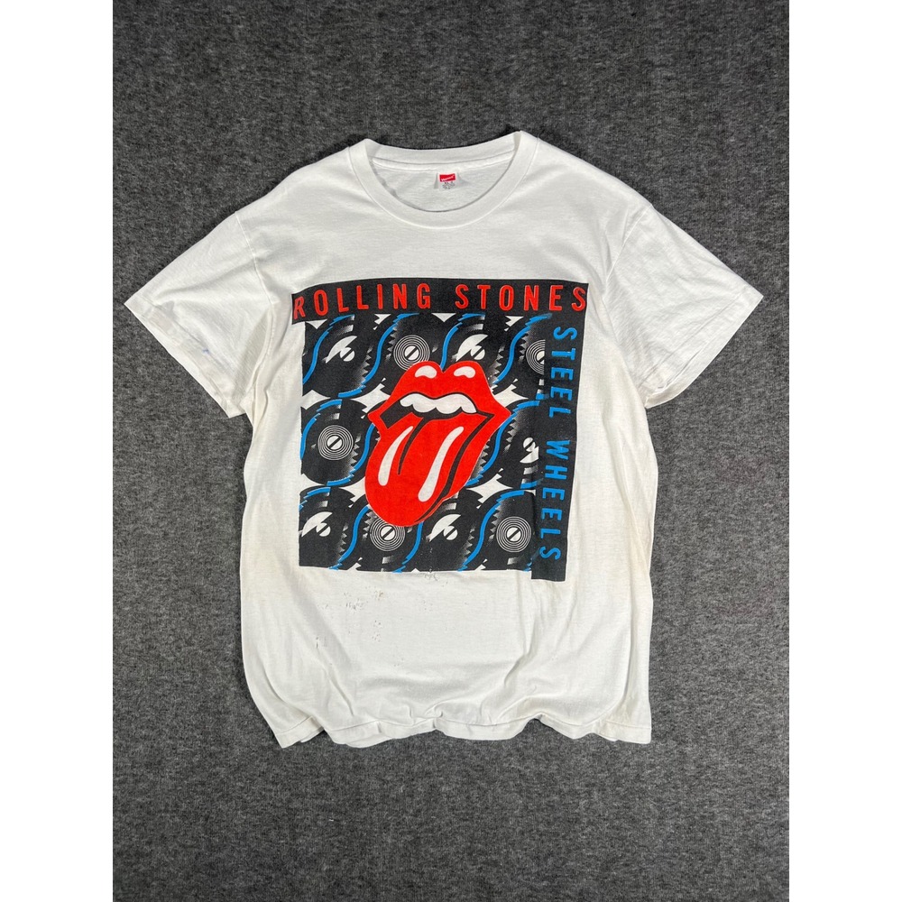 Vintage 80s Rolling Stones Steel Wheels Tour T-Shirt White XL Hanes 1989 Rock